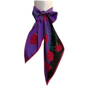 Vintage Vera Long Floral Scarf – Purple, Black & Red Flowers – 7” x 62”